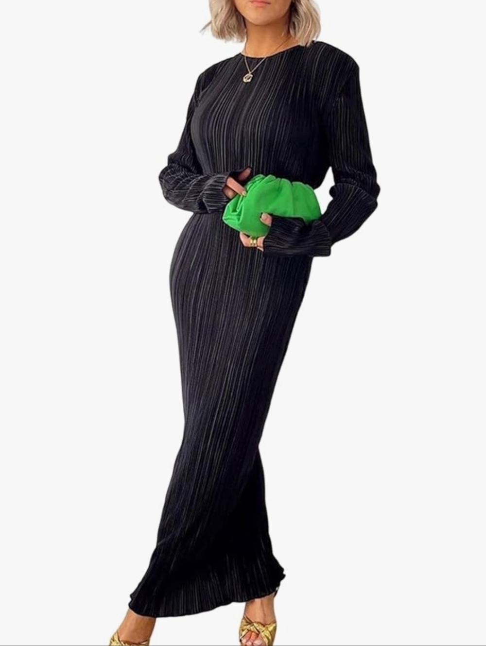 Annystore Black Pleated Long Sleeve Maxi Dress Large - Picture 4 of 11
